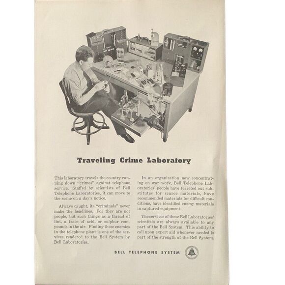 Vintage 1945 Bell Telephone System Crime Laboratory Ad Advertisement